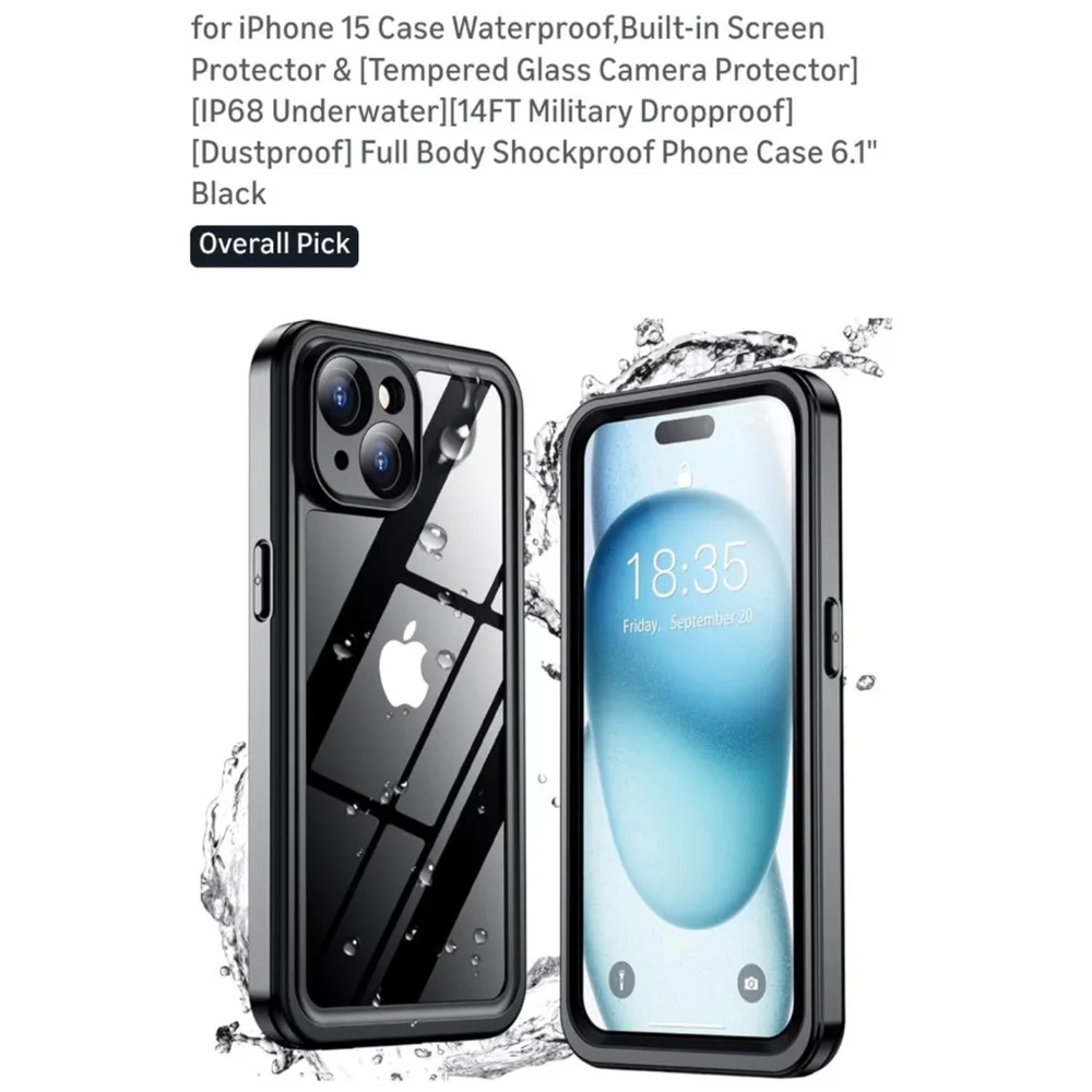 Black/Clear iPhone 15 Waterproof Shockproof Phone Case One Size